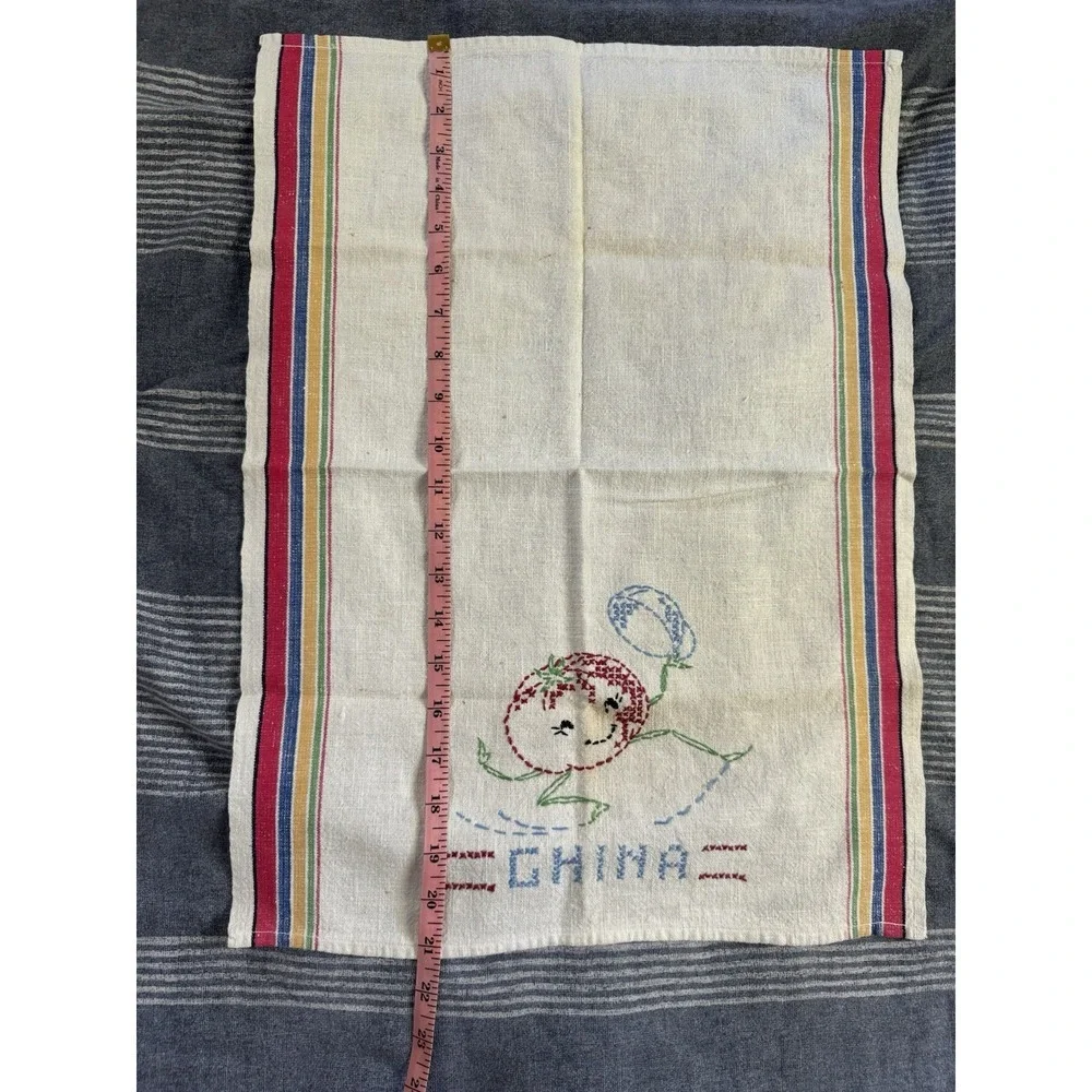 Vintage Hand Stitched Embroidered Hand Towel Striped Needle point‎
